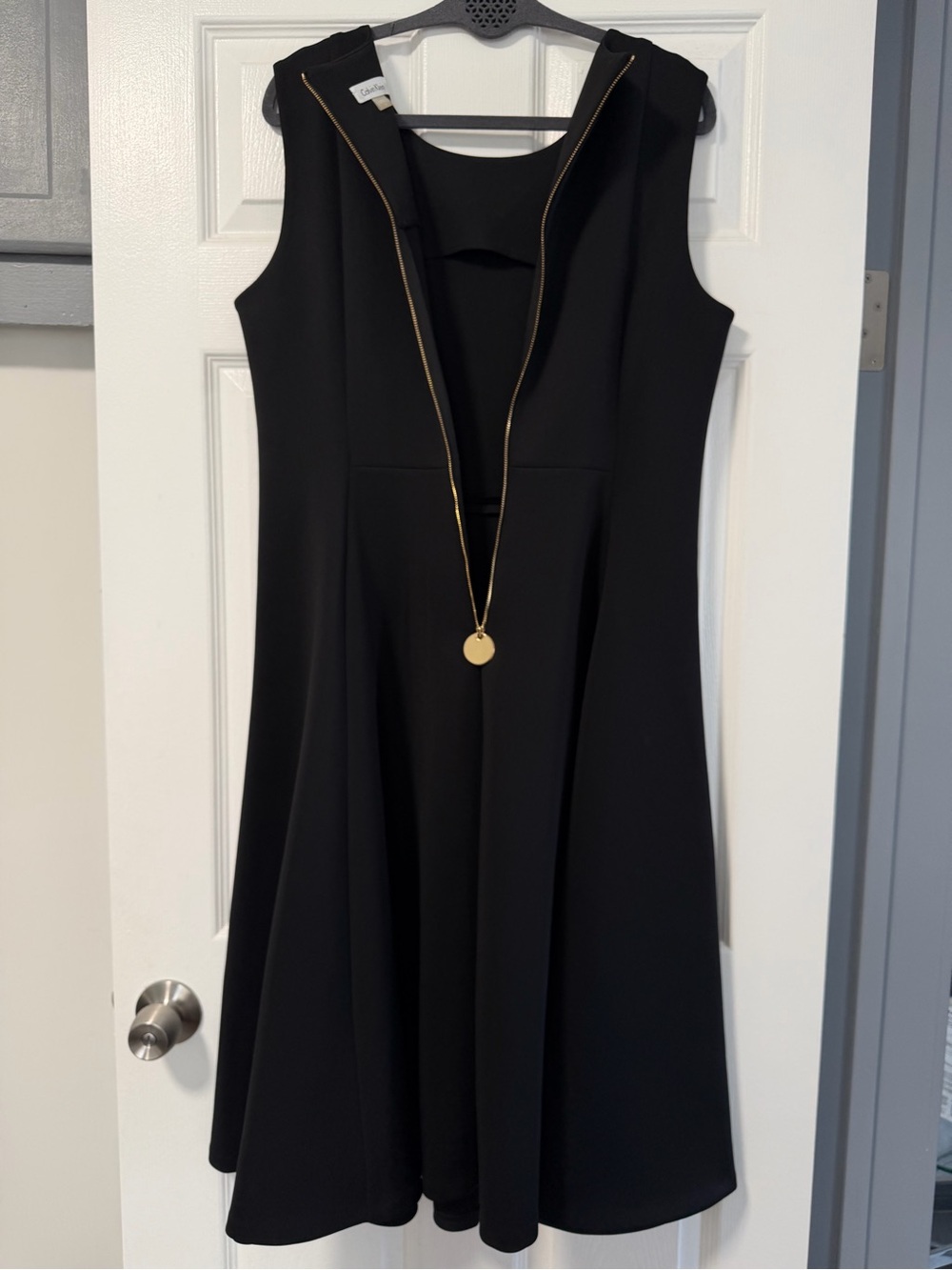 Calvin Klein Black Fit & Flare Sleeveless Dress Gold Zip Back Size 14 - Picture 9 of 12